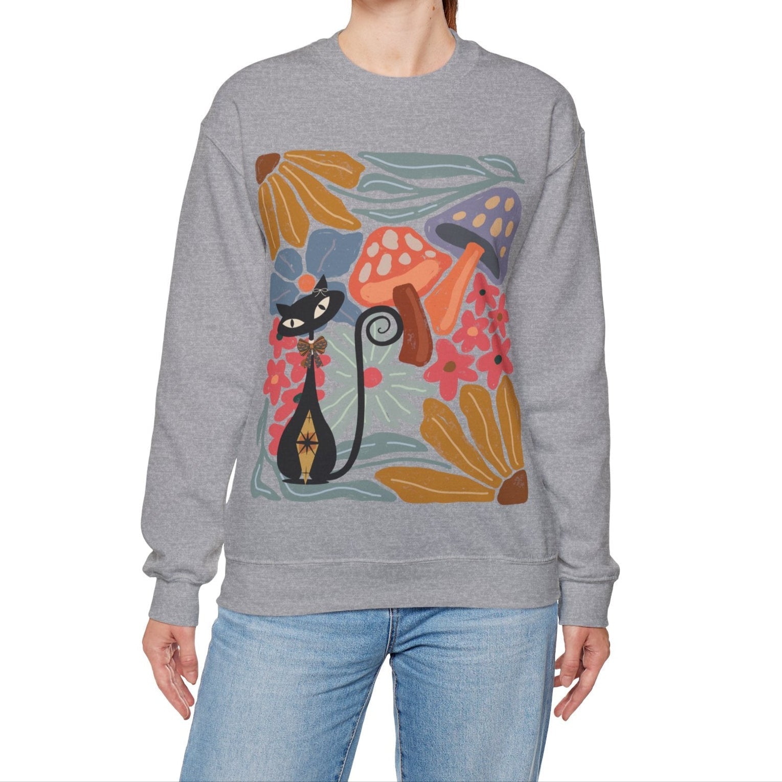 Kate McEnroe New York Atomic Cat Mushroom Sweatshirt, Mid Century Modern Retro Pullover, MCM Fall Cozy CrewneckSweatshirts40067713763380706655