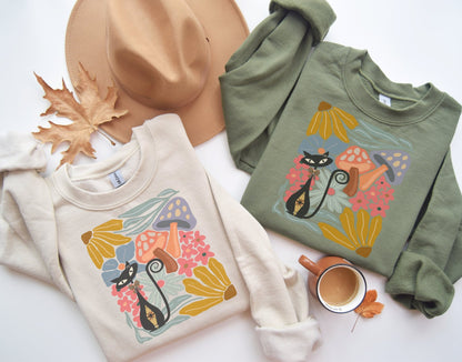 Kate McEnroe New York Atomic Cat Mushroom Sweatshirt, Mid Century Modern Retro Pullover, MCM Fall Cozy CrewneckSweatshirts40067713763380706655
