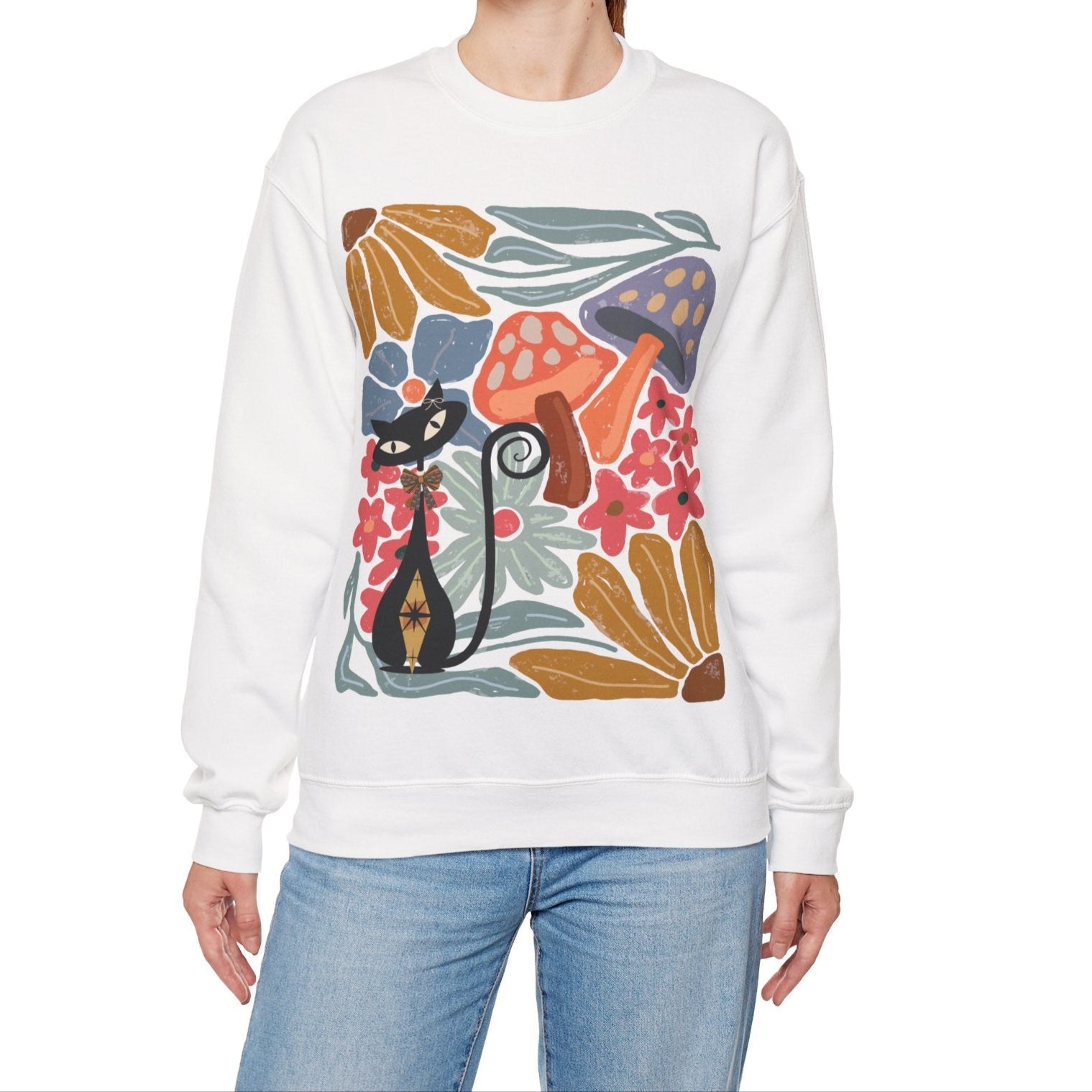 Kate McEnroe New York Atomic Cat Mushroom Sweatshirt, Mid Century Modern Retro Pullover, MCM Fall Cozy CrewneckSweatshirts40067713763380706655
