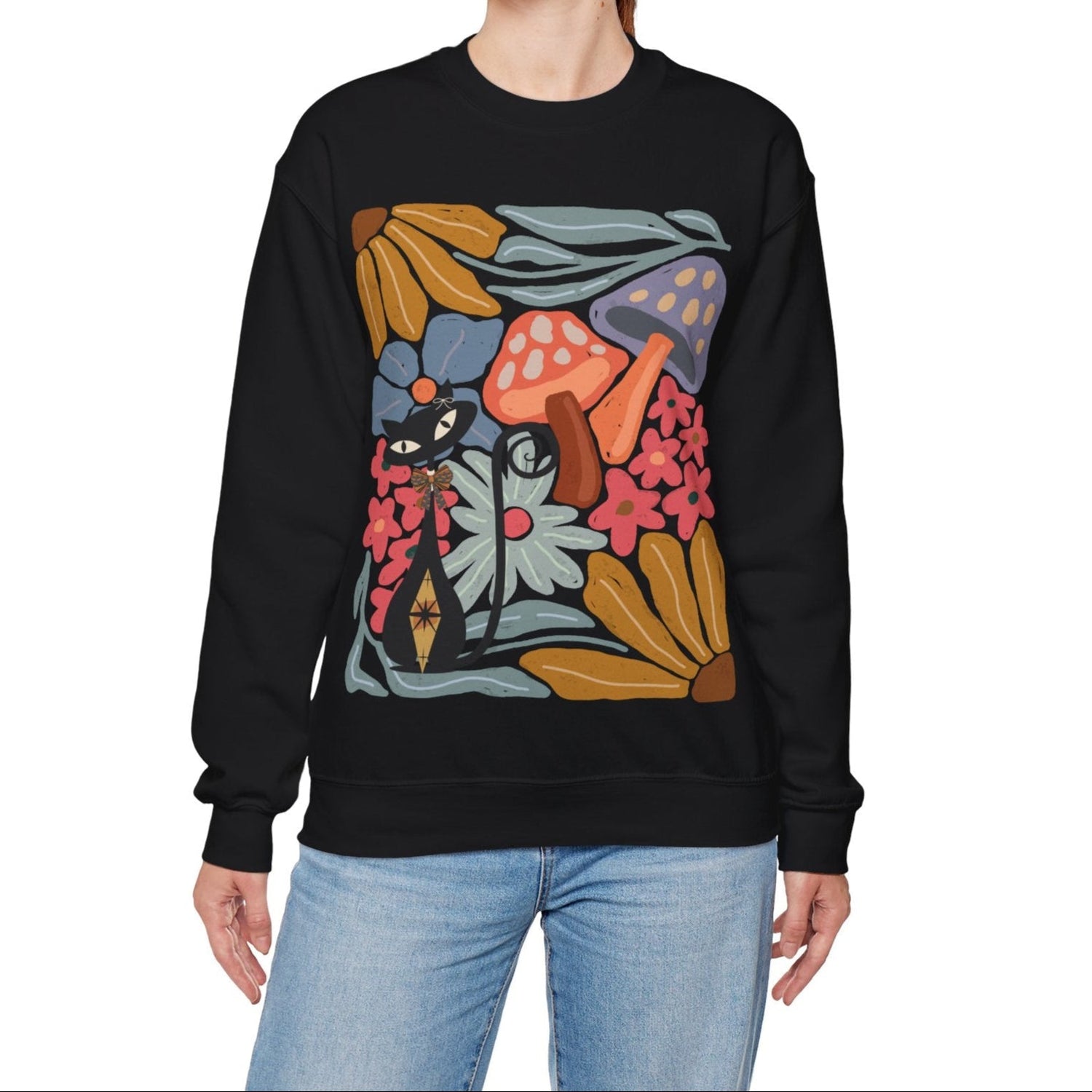 Kate McEnroe New York Atomic Cat Mushroom Sweatshirt, Mid Century Modern Retro Pullover, MCM Fall Cozy CrewneckSweatshirts40067713763380706655
