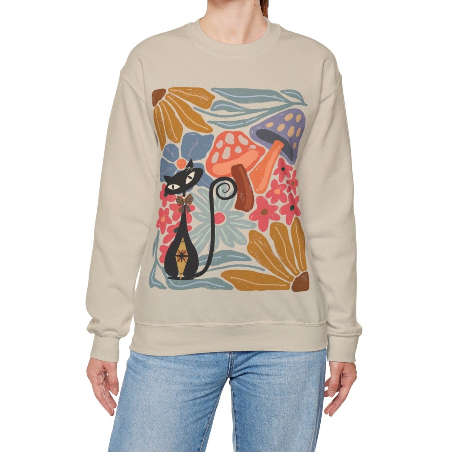 Kate McEnroe New York Atomic Cat Mushroom Sweatshirt, Mid Century Modern Retro Pullover, MCM Fall Cozy CrewneckSweatshirts40067713763380706655