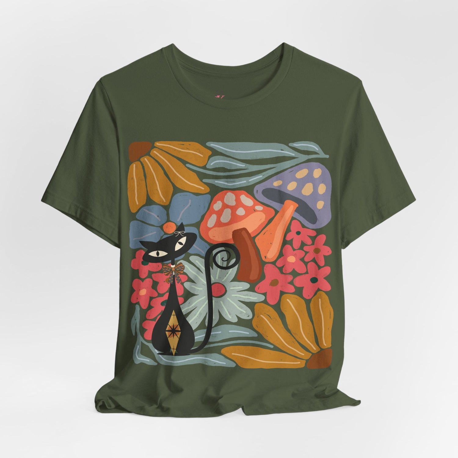 Kate McEnroe New York Atomic Cat Mushroom T-Shirt, Mid Century Modern Retro 70s Groovy Floral Graphic TeeT-Shirts10208566346449144923