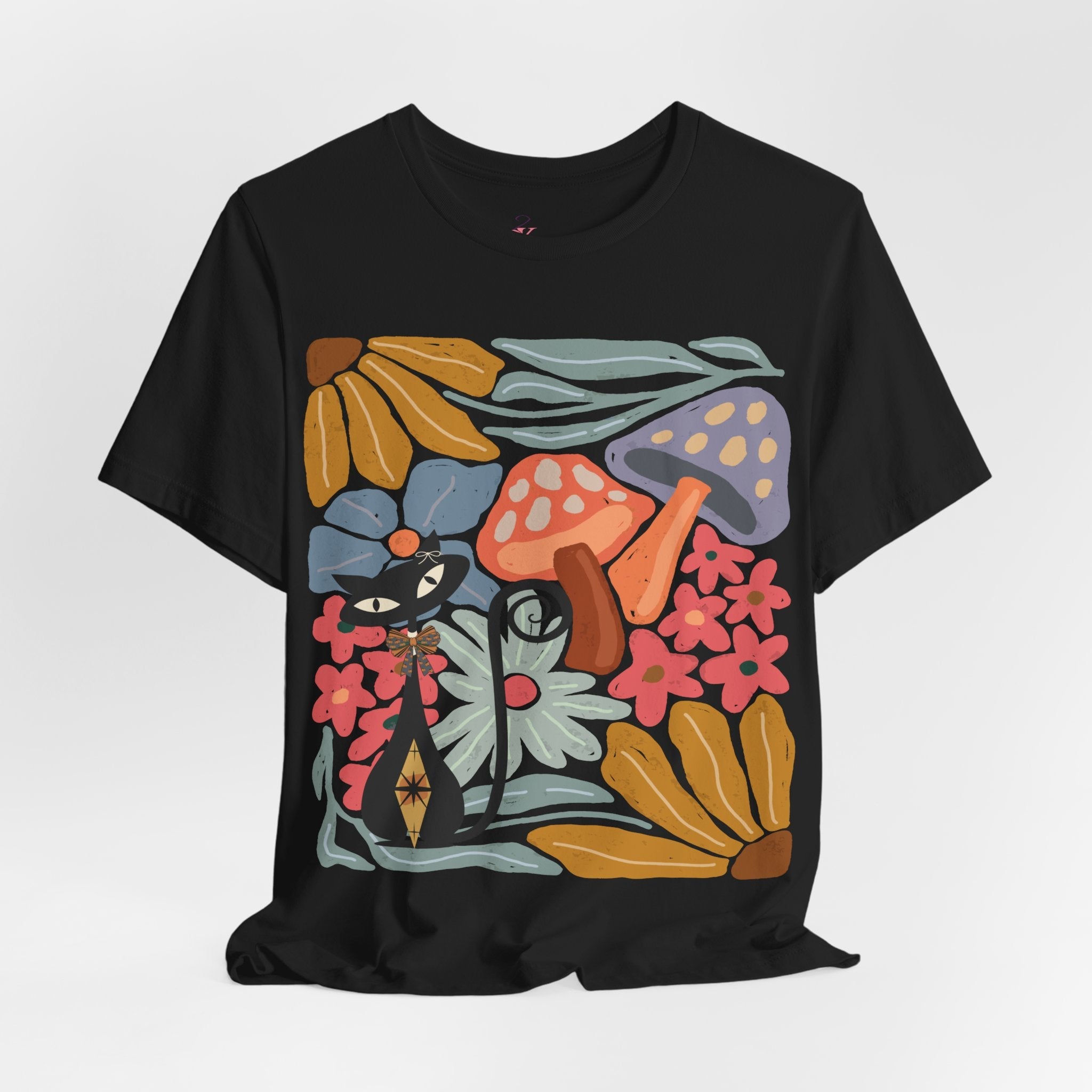 Kate McEnroe New York Atomic Cat Mushroom T-Shirt, Mid Century Modern Retro 70s Groovy Floral Graphic TeeT-Shirts10208566346449144923