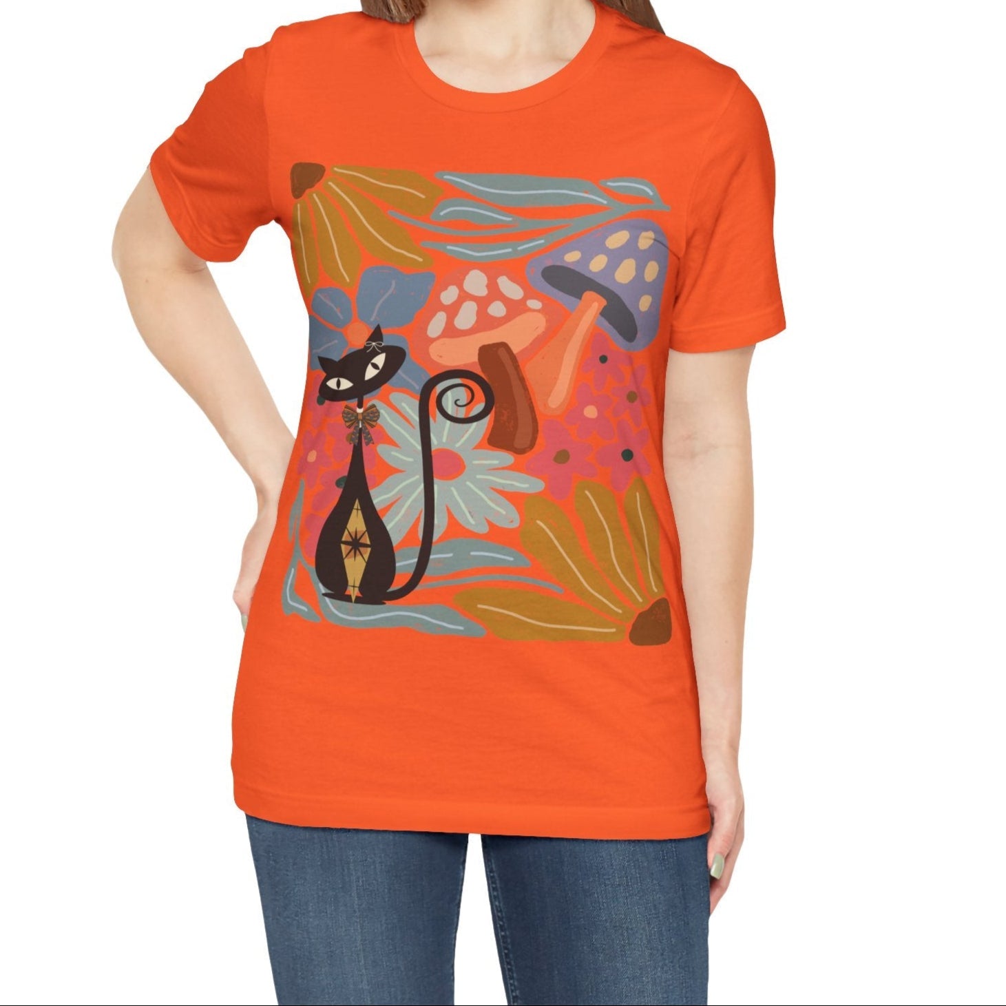 Kate McEnroe New York Atomic Cat Mushroom T-Shirt, Mid Century Modern Retro 70s Groovy Floral Graphic TeeT-Shirts20474157539144367374
