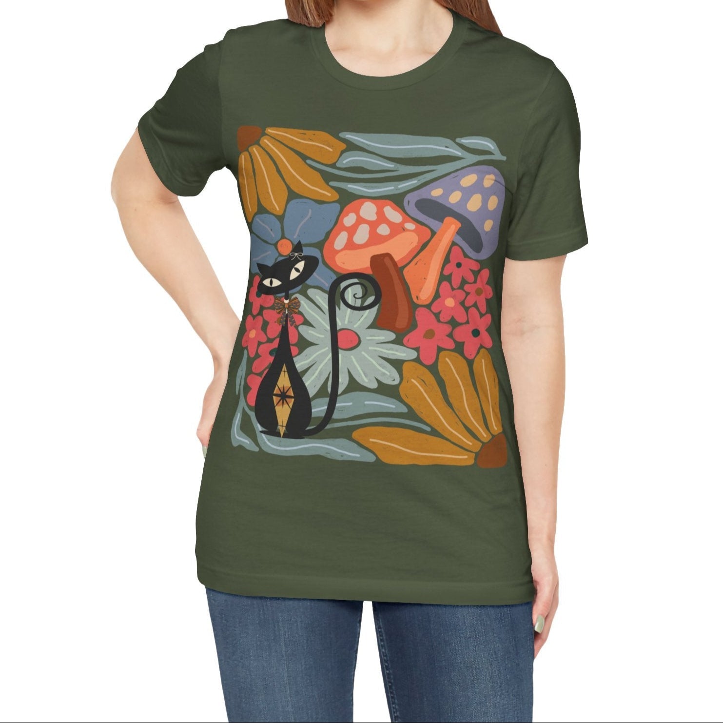 Kate McEnroe New York Atomic Cat Mushroom T-Shirt, Mid Century Modern Retro 70s Groovy Floral Graphic TeeT-Shirts29438878544565084058