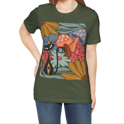 Kate McEnroe New York Atomic Cat Mushroom T-Shirt, Mid Century Modern Retro 70s Groovy Floral Graphic TeeT-Shirts29438878544565084058