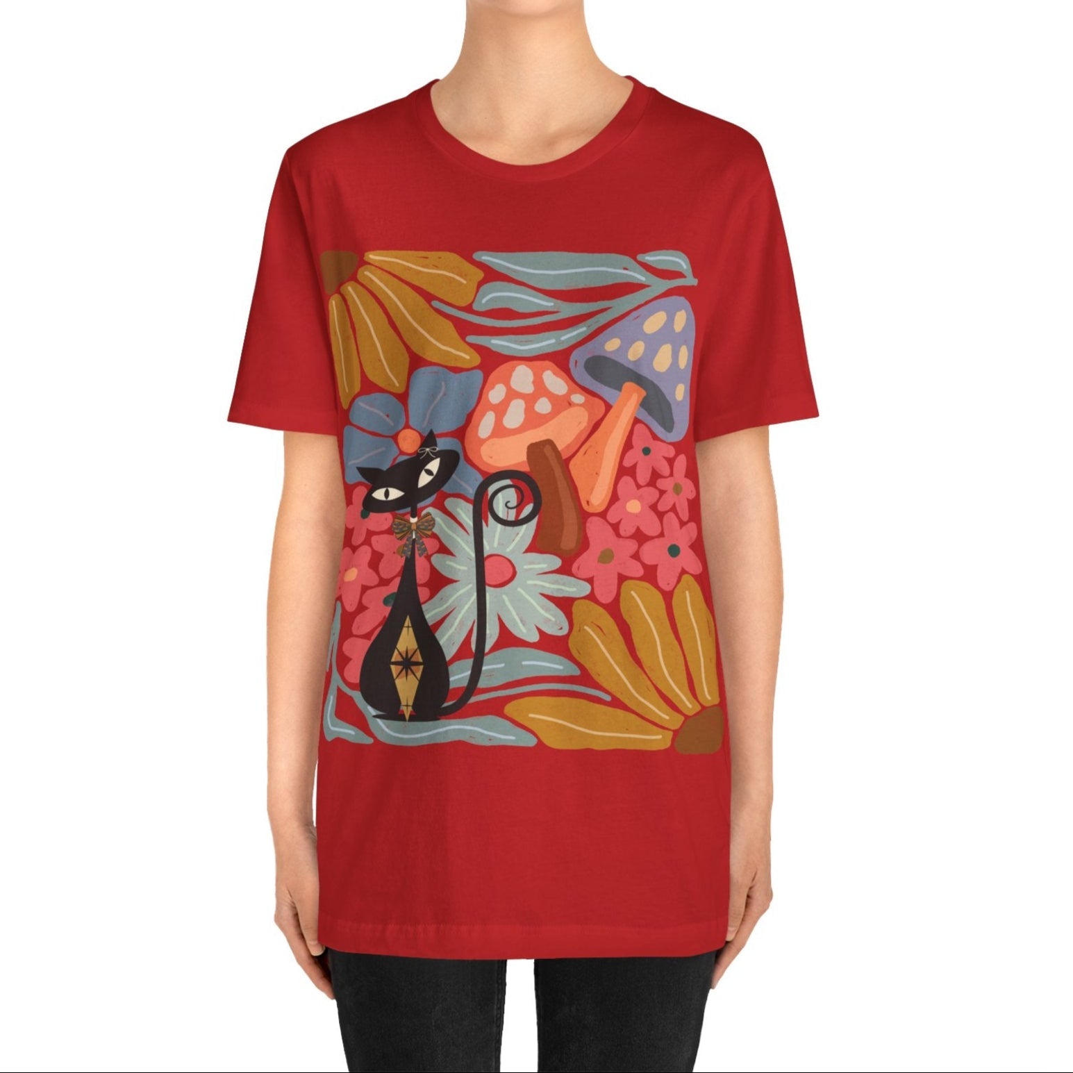 Kate McEnroe New York Atomic Cat Mushroom T-Shirt, Mid Century Modern Retro 70s Groovy Floral Graphic TeeT-Shirts29438878544565084058