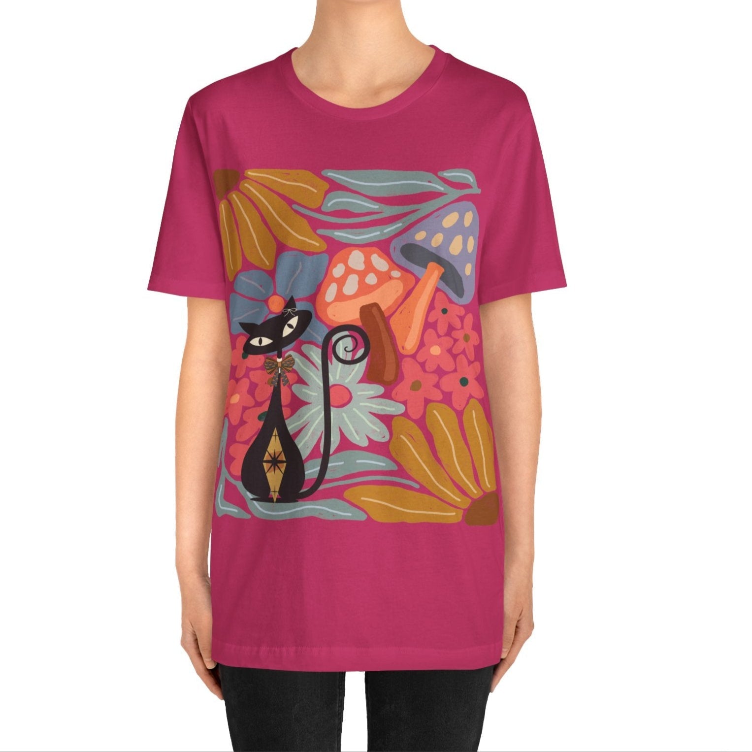 Kate McEnroe New York Atomic Cat Mushroom T-Shirt, Mid Century Modern Retro 70s Groovy Floral Graphic TeeT-Shirts29438878544565084058