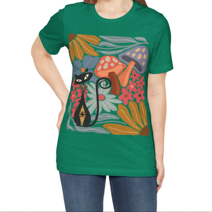 Kate McEnroe New York Atomic Cat Mushroom T-Shirt, Mid Century Modern Retro 70s Groovy Floral Graphic TeeT-Shirts29438878544565084058