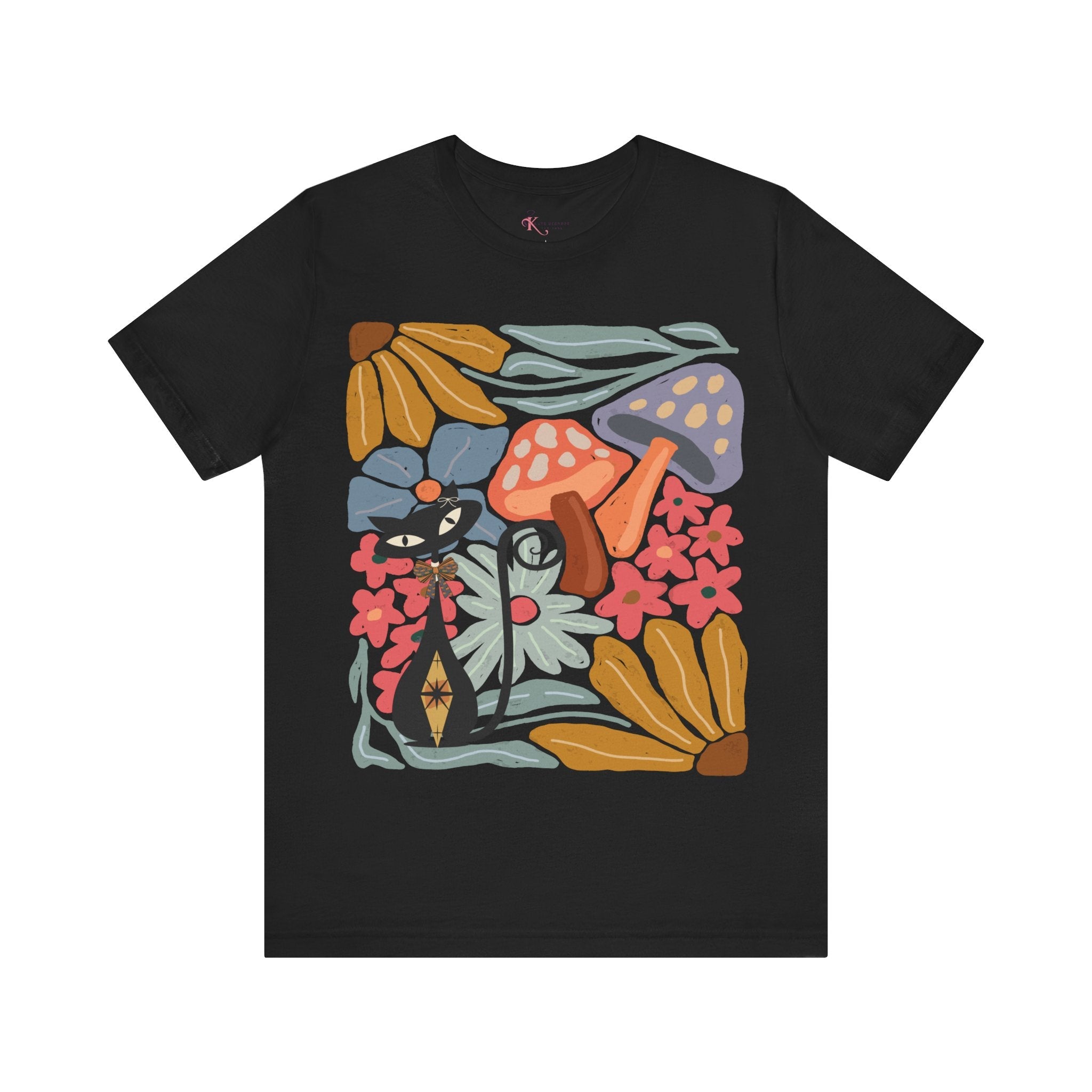 Kate McEnroe New York Atomic Cat Mushroom T-Shirt, Mid Century Modern Retro 70s Groovy Floral Graphic TeeT-Shirts64658247960792940279