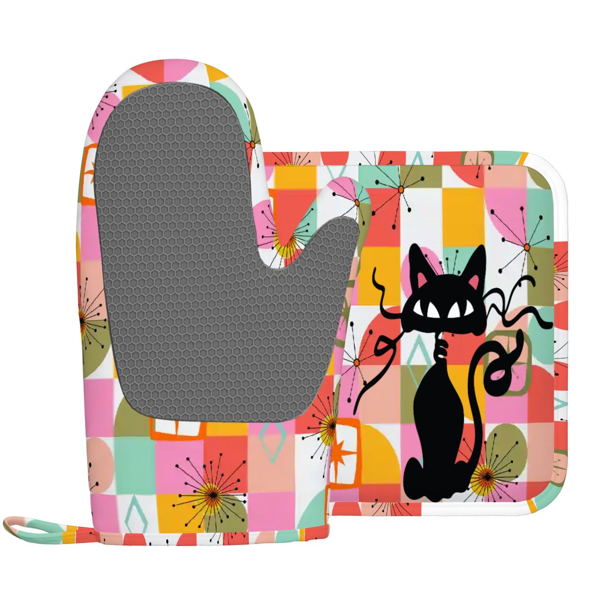 Kate McEnroe New York Atomic Cat Oven Mitt Pot Holder Set, Retro Kitschy MCM Kitchen Gift (Right)Oven Mitts &amp; Pot Holder Setr1q2peUoqv