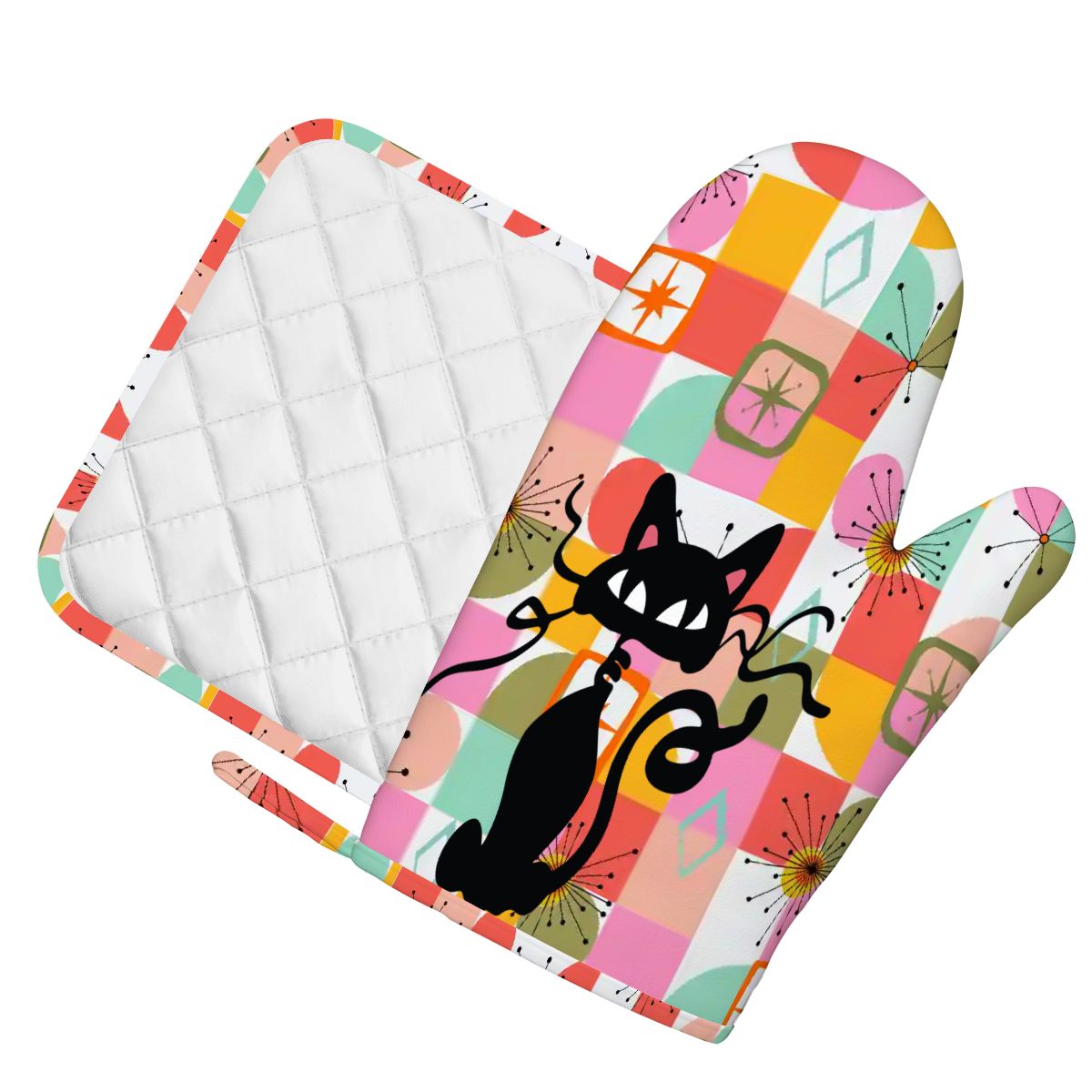 Kate McEnroe New York Atomic Cat Oven Mitt Pot Holder Set, Retro Kitschy MCM Kitchen (Left)Oven Mitts &amp; Pot Holder SetIX3hJVsUbr