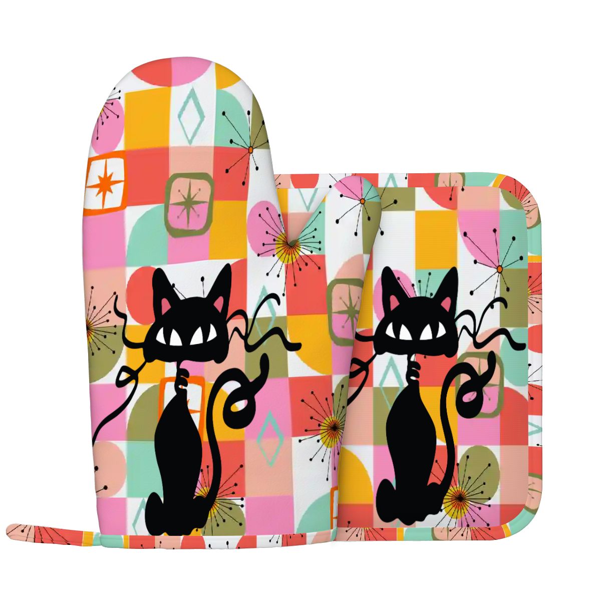 Kate McEnroe New York Atomic Cat Oven Mitt Pot Holder Set, Retro Kitschy MCM Kitchen (Left)Oven Mitts &amp; Pot Holder SetIX3hJVsUbr