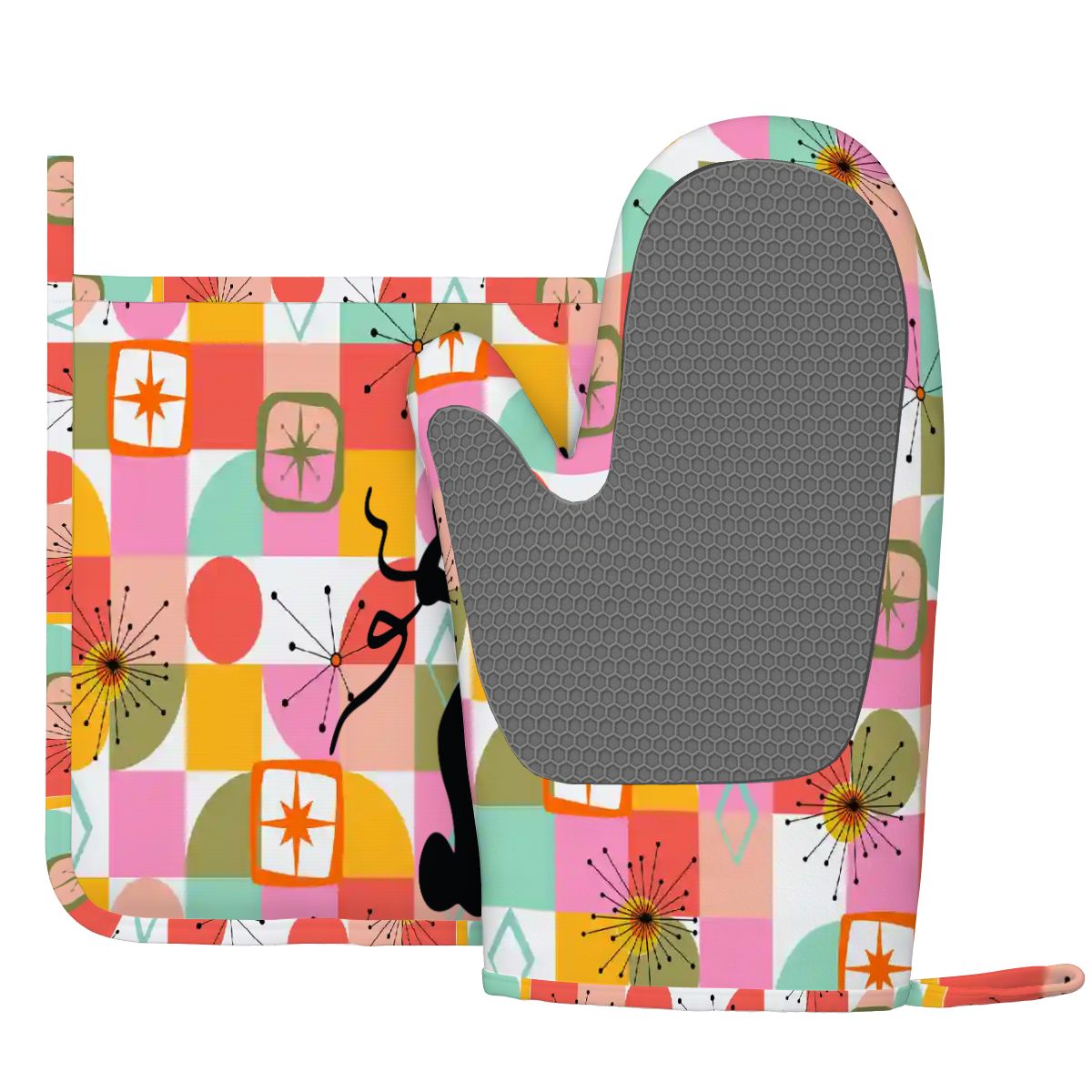 Kate McEnroe New York Atomic Cat Oven Mitt Pot Holder Set, Retro Kitschy MCM Kitchen (Left)Oven Mitts &amp; Pot Holder SetIX3hJVsUbr