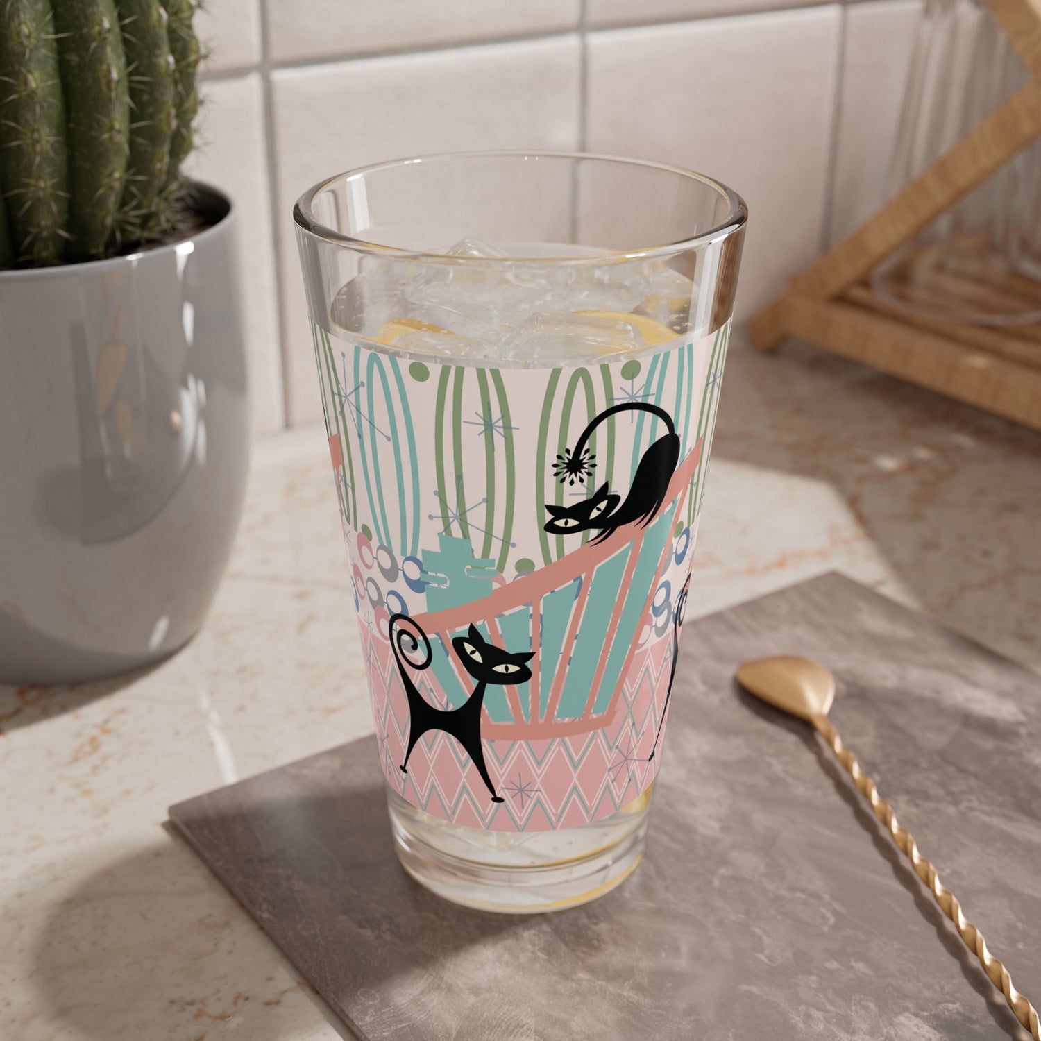 Kate McEnroe New York Atomic Cat Pint Glass, Mid Century Modern Pink Teal Barware, Retro Cat Lovers DrinkwarePint Glasses32534904745842350311