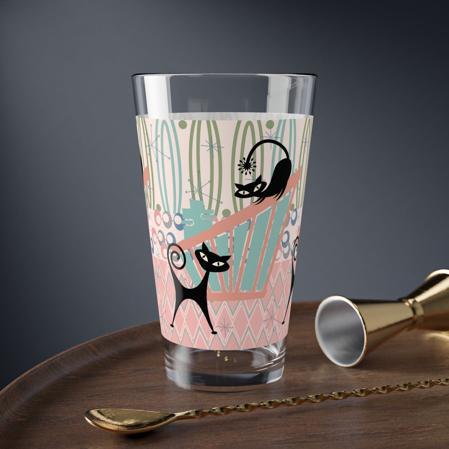 Kate McEnroe New York Atomic Cat Pint Glass, Mid Century Modern Pink Teal Barware, Retro Cat Lovers DrinkwarePint Glasses32534904745842350311