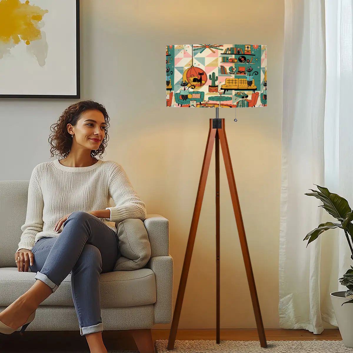 Kate McEnroe New York Atomic Cat Reading Den, Mid Century Modern Tripod Lamp, Retro Kitsch Living Room AccentTripod Floor LampsBONUKG8hj9