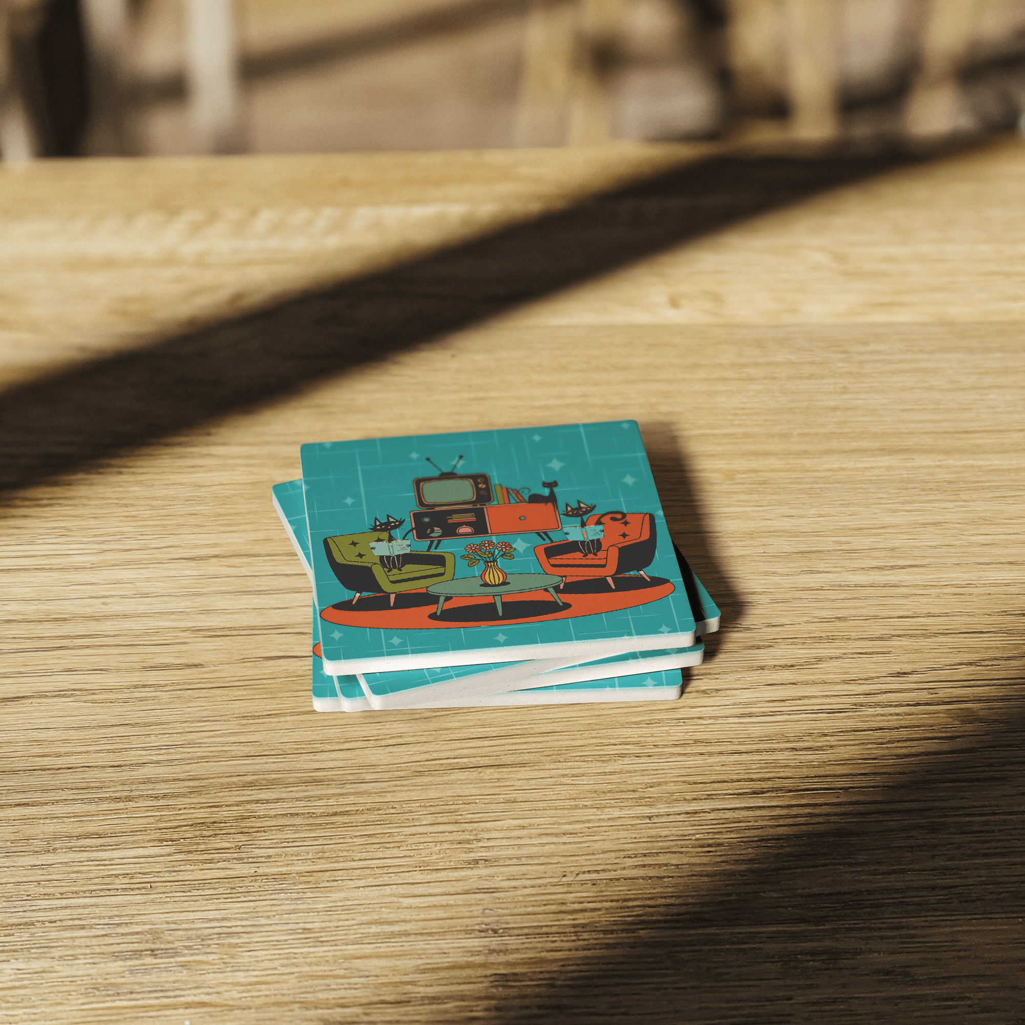 Kate McEnroe New York Atomic Cat Reading Lounge Coasters, Mid Century Modern 50s DrinkwareCoasters7021