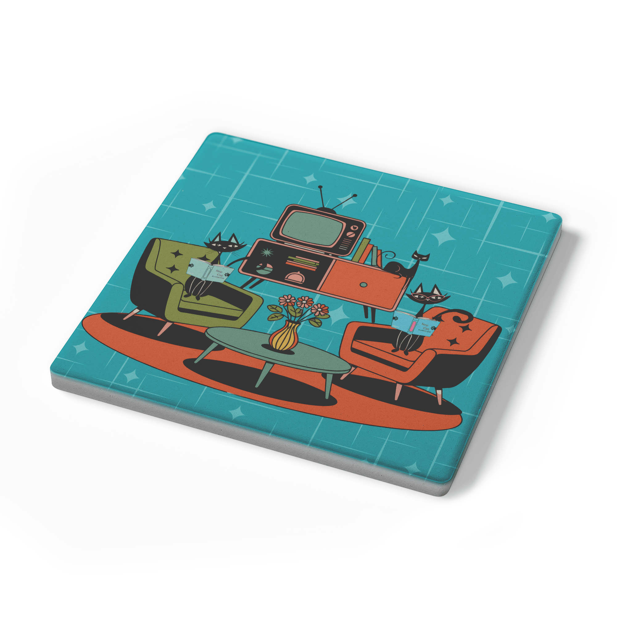 Kate McEnroe New York Atomic Cat Reading Lounge Coasters, Mid Century Modern 50s DrinkwareCoasters7021