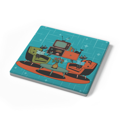 Kate McEnroe New York Atomic Cat Reading Lounge Coasters, Mid Century Modern 50s DrinkwareCoasters7021