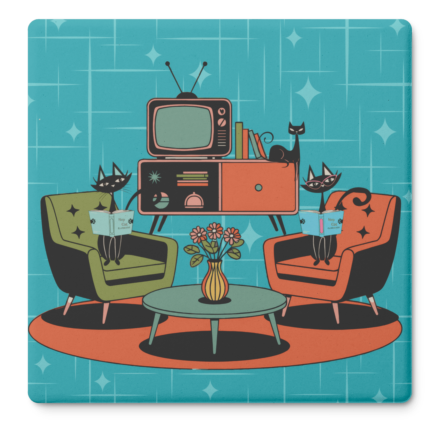 Kate McEnroe New York Atomic Cat Reading Lounge Coasters, Mid Century Modern 50s DrinkwareCoasters7021