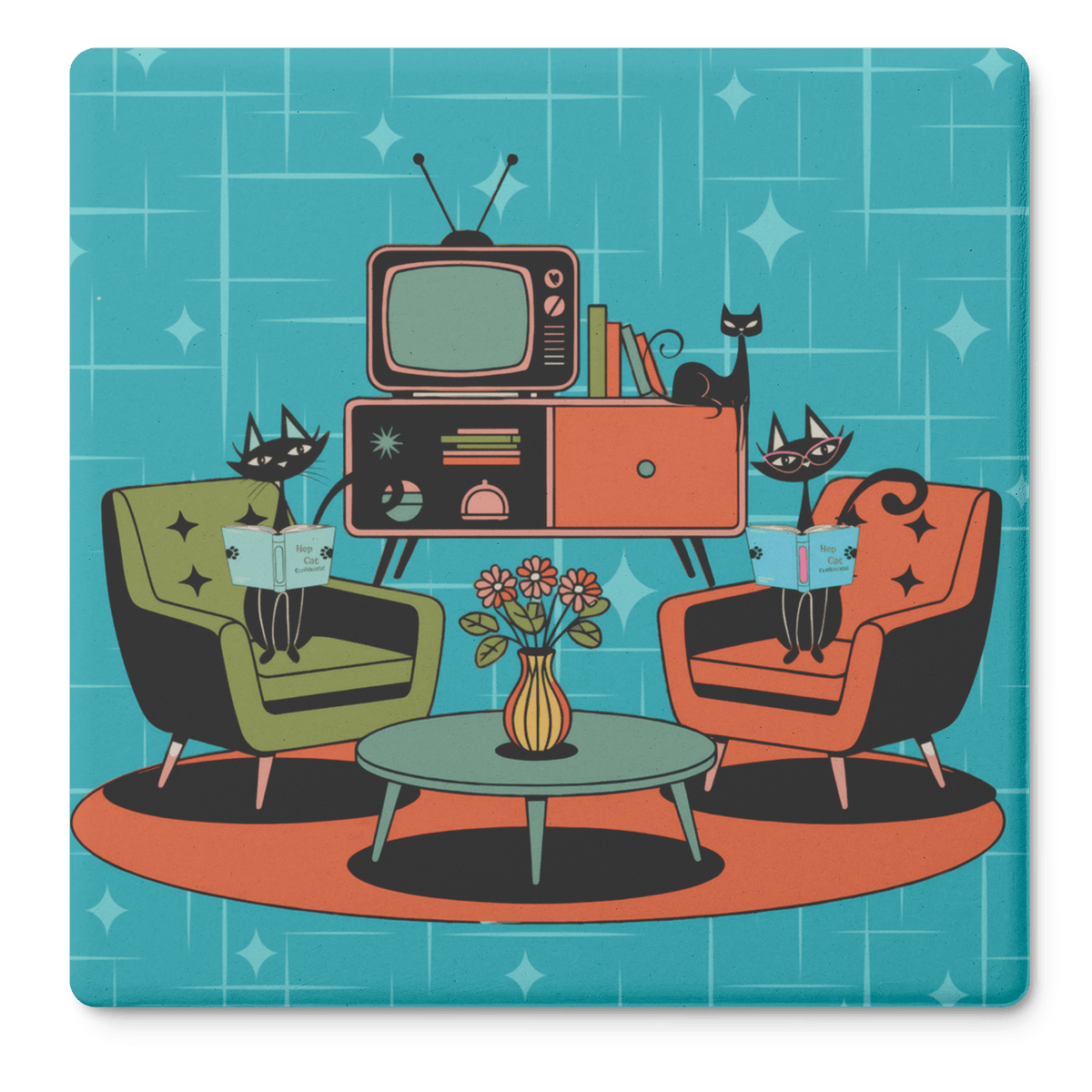 Kate McEnroe New York Atomic Cat Reading Lounge Coasters, Mid Century Modern 50s DrinkwareCoasters7021