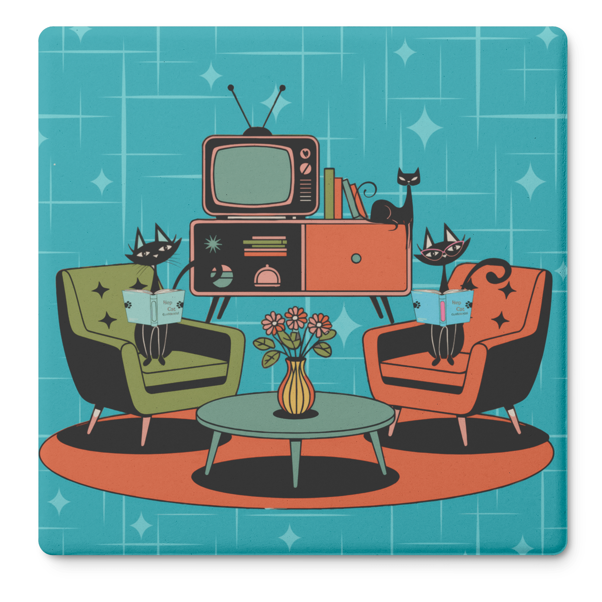 Kate McEnroe New York Atomic Cat Reading Lounge Coasters, Mid Century Modern 50s DrinkwareCoasters7021