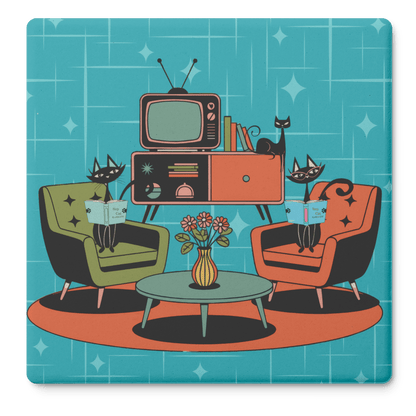 Kate McEnroe New York Atomic Cat Reading Lounge Coasters, Mid Century Modern 50s DrinkwareCoasters7021
