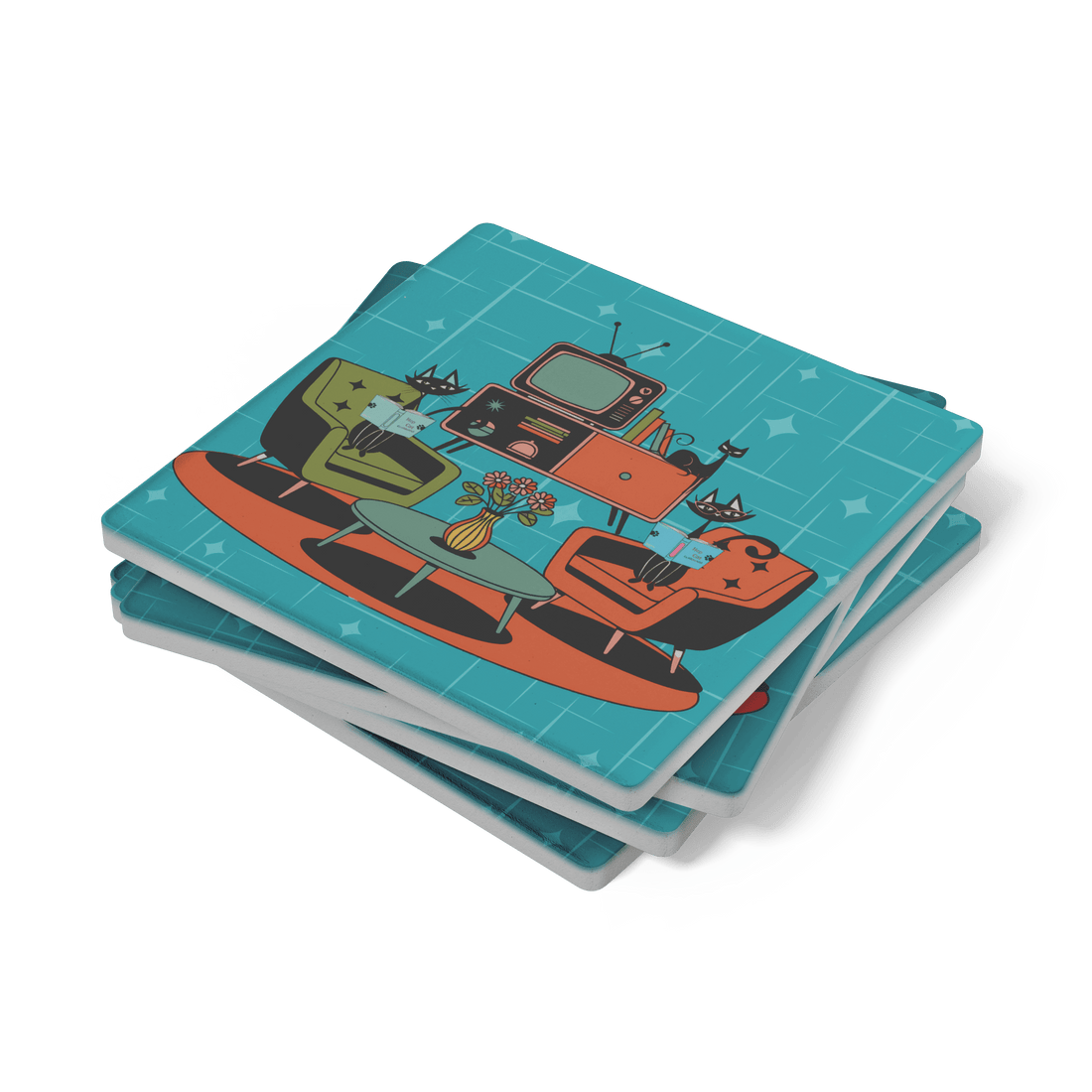 Kate McEnroe New York Atomic Cat Reading Lounge Coasters, Mid Century Modern 50s DrinkwareCoasters7021