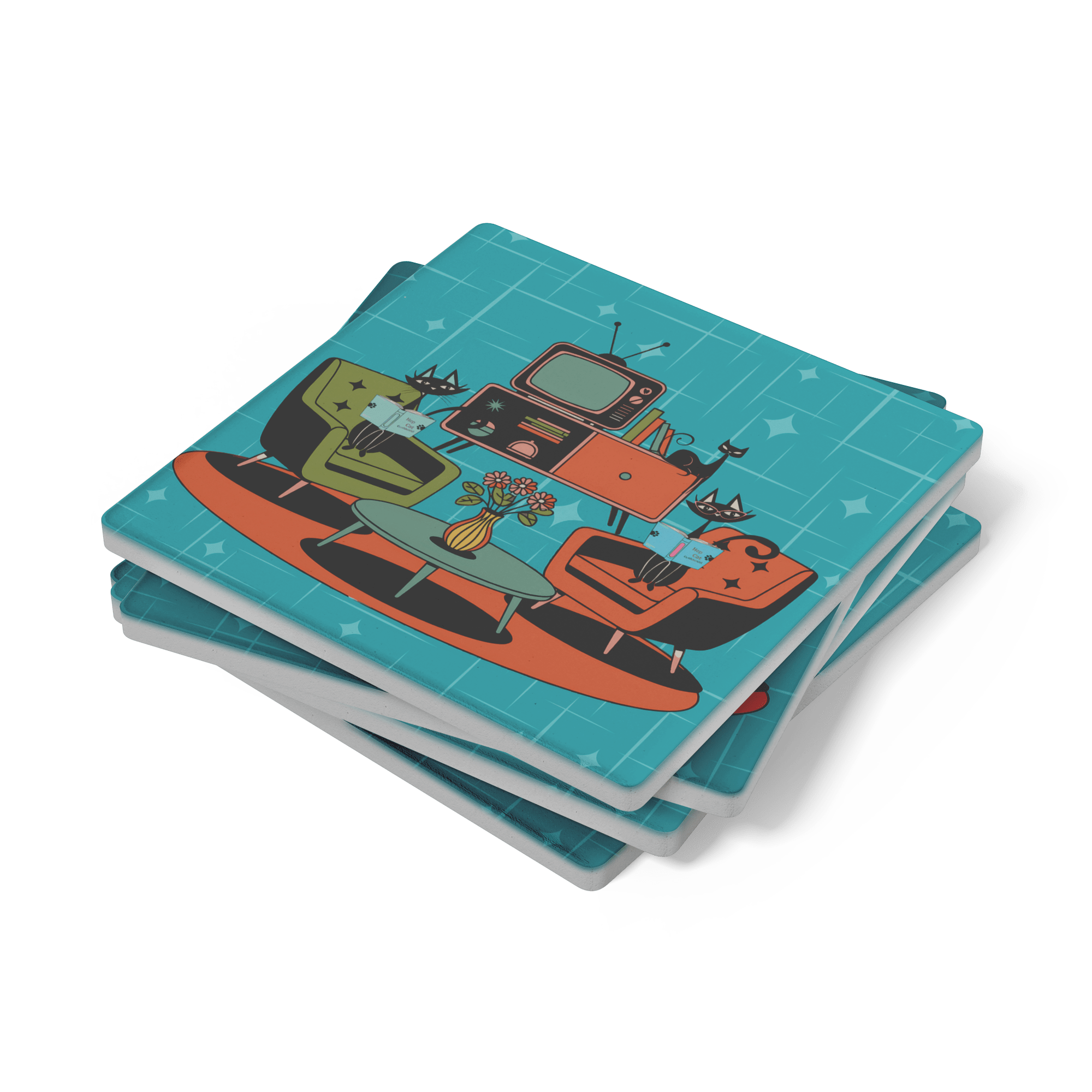 Kate McEnroe New York Atomic Cat Reading Lounge Coasters, Mid Century Modern 50s DrinkwareCoasters7021
