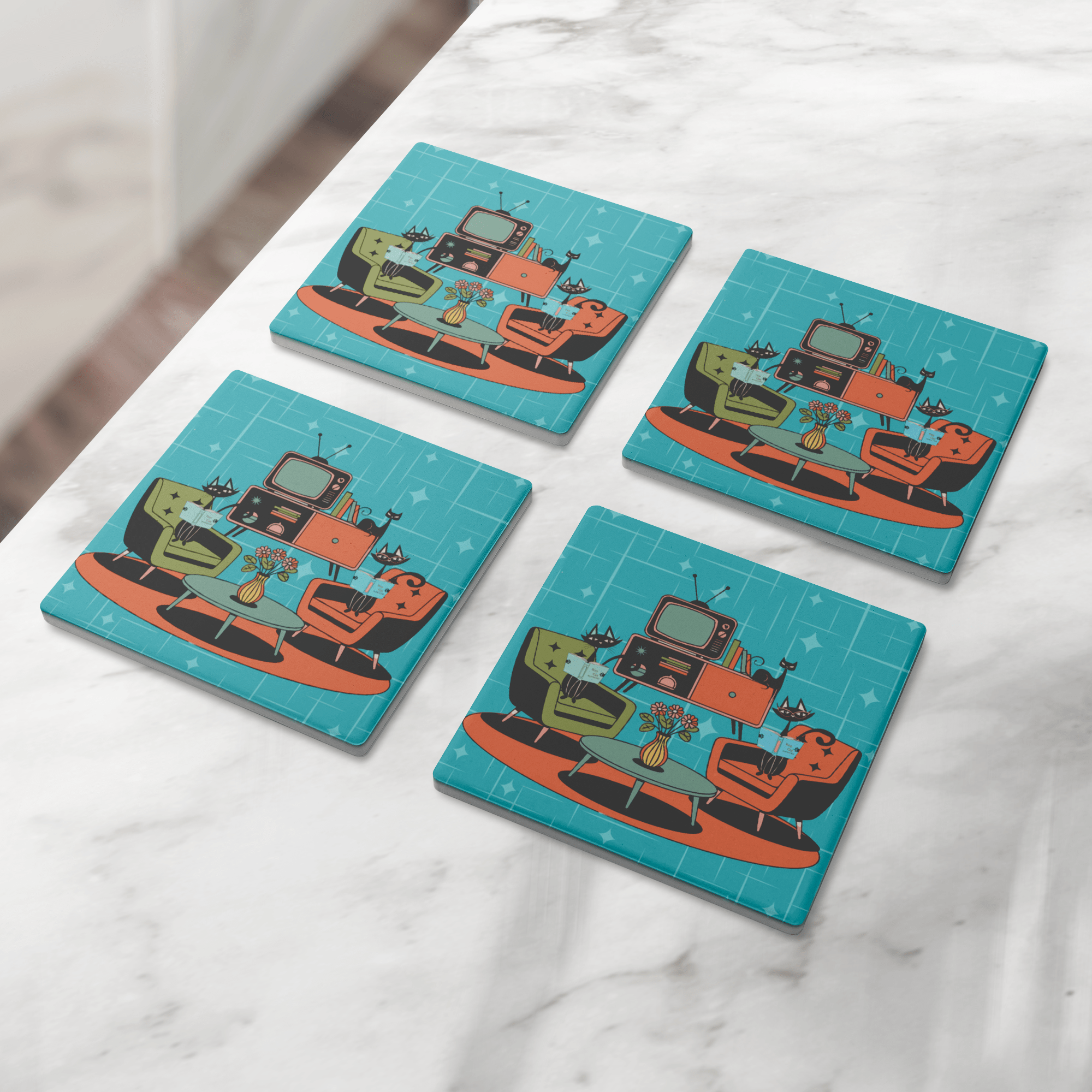 Kate McEnroe New York Atomic Cat Reading Lounge Coasters, Mid Century Modern 50s DrinkwareCoasters7021