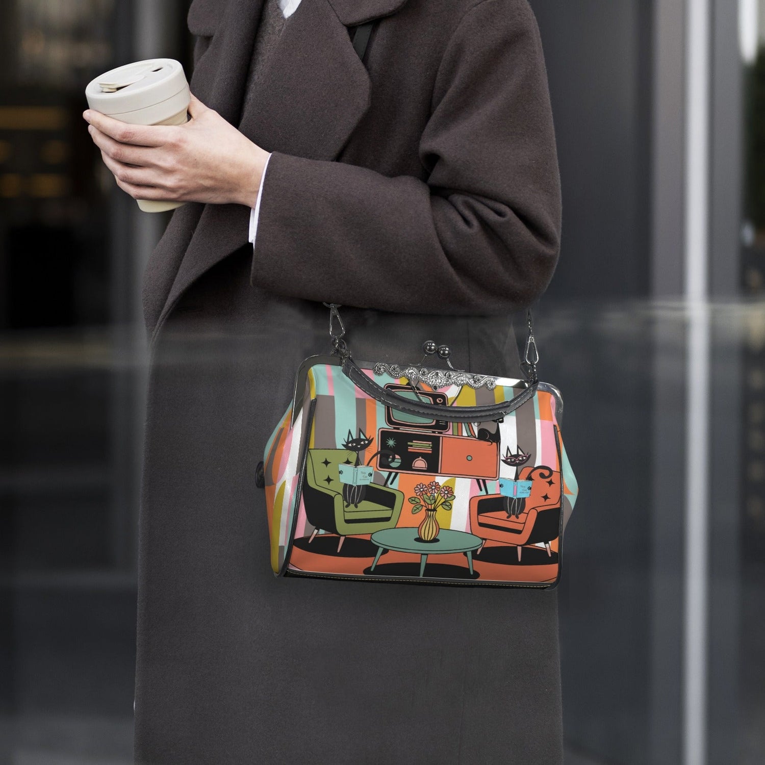 Kate McEnroe New York Atomic Cat Reading Lounge Kisslock Purse, Mid Century Modern Crossbody HandbagCrossbody BagsD3210254