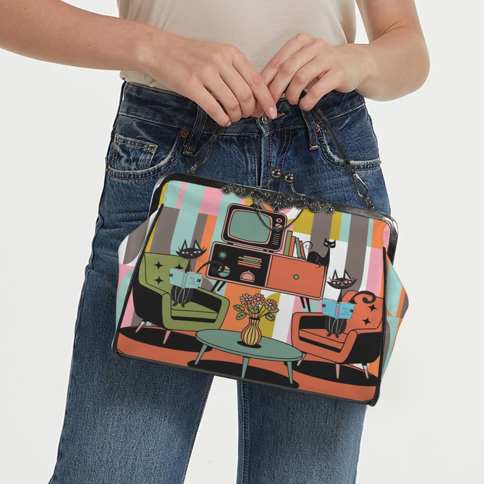 Kate McEnroe New York Atomic Cat Reading Lounge Kisslock Purse, Mid Century Modern Crossbody HandbagCrossbody BagsD3210254