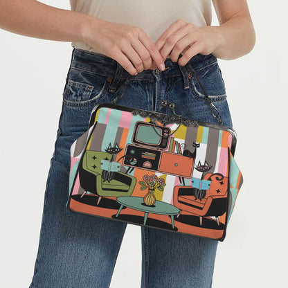 Kate McEnroe New York Atomic Cat Reading Lounge Kisslock Purse, Mid Century Modern Crossbody HandbagCrossbody BagsD3210254