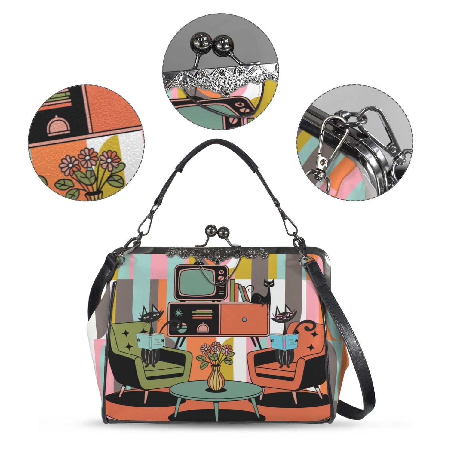 Kate McEnroe New York Atomic Cat Reading Lounge Kisslock Purse, Mid Century Modern Crossbody HandbagCrossbody BagsD3210254