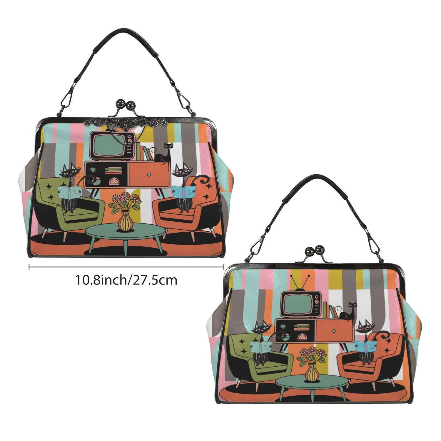 Kate McEnroe New York Atomic Cat Reading Lounge Kisslock Purse, Mid Century Modern Crossbody HandbagCrossbody BagsD3210254