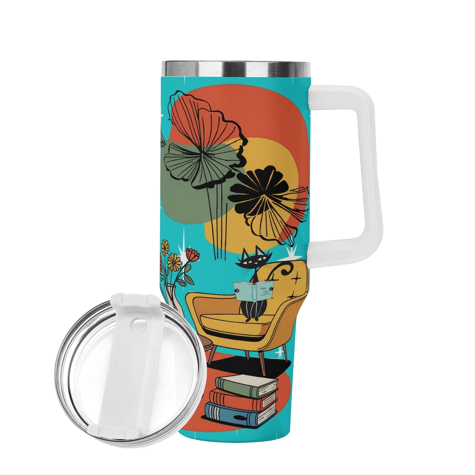 Kate McEnroe New York Atomic Cat Reading Tumbler, Mid Century Modern Stainless Travel Mug, Retro 50s Lounge CupTumblersNGZ0D5GW - 1