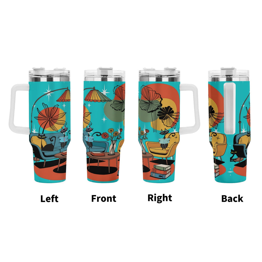 Kate McEnroe New York Atomic Cat Reading Tumbler, Mid Century Modern Stainless Travel Mug, Retro 50s Lounge CupTumblersNGZ0D5GW - 1