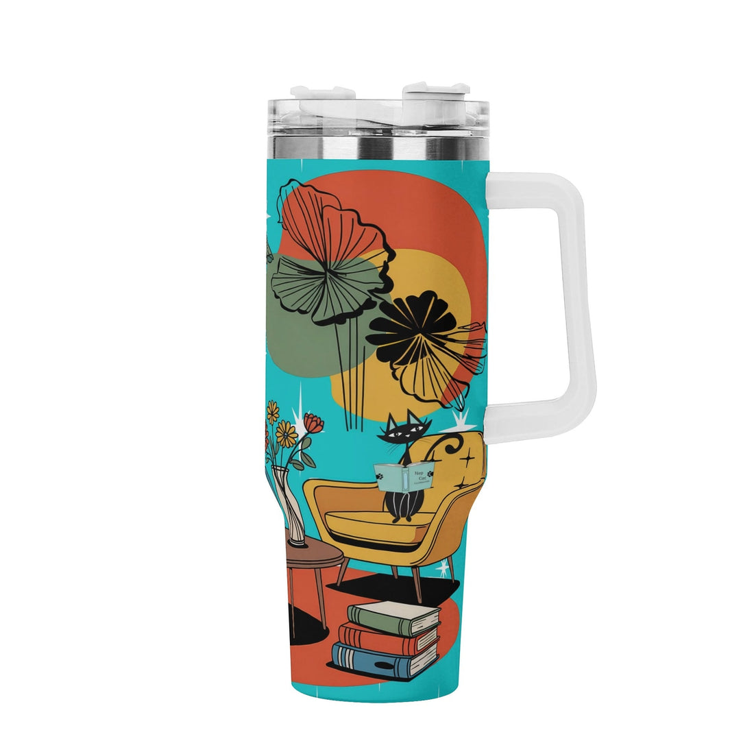 Kate McEnroe New York Atomic Cat Reading Tumbler, Mid Century Modern Stainless Travel Mug, Retro 50s Lounge CupTumblersNGZ0D5GW - 1