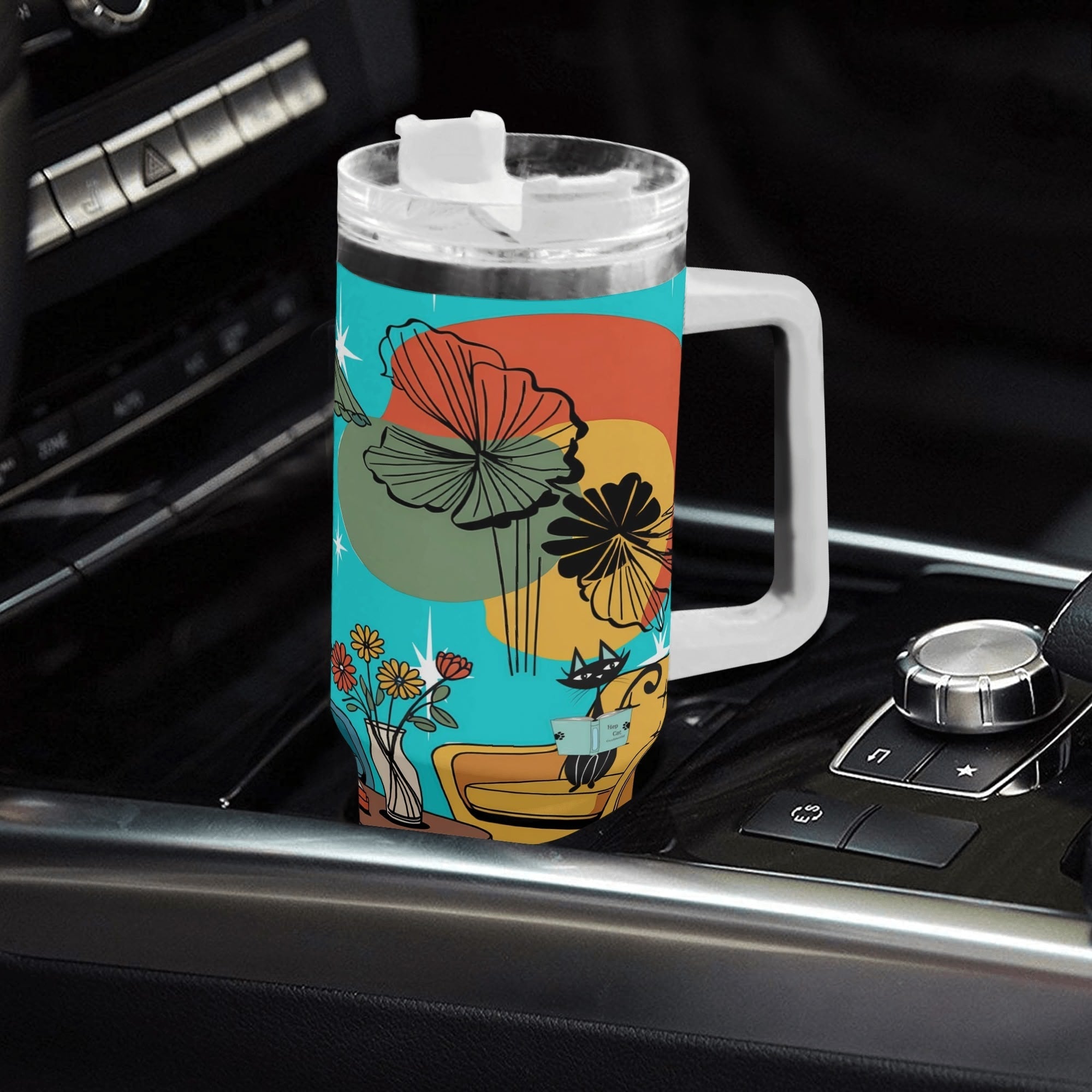 Kate McEnroe New York Atomic Cat Reading Tumbler, Mid Century Modern Stainless Travel Mug, Retro 50s Lounge CupTumblersNGZ0D5GW - 1