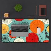 Kate McEnroe New York Atomic Cat Retro 1950s Abstract Lotus Desk Mat, Mid Century Modern Geometric Teal. Orange, Red, Yellow Office Desk Mat - 133082923Desk Pads33139458999286350666