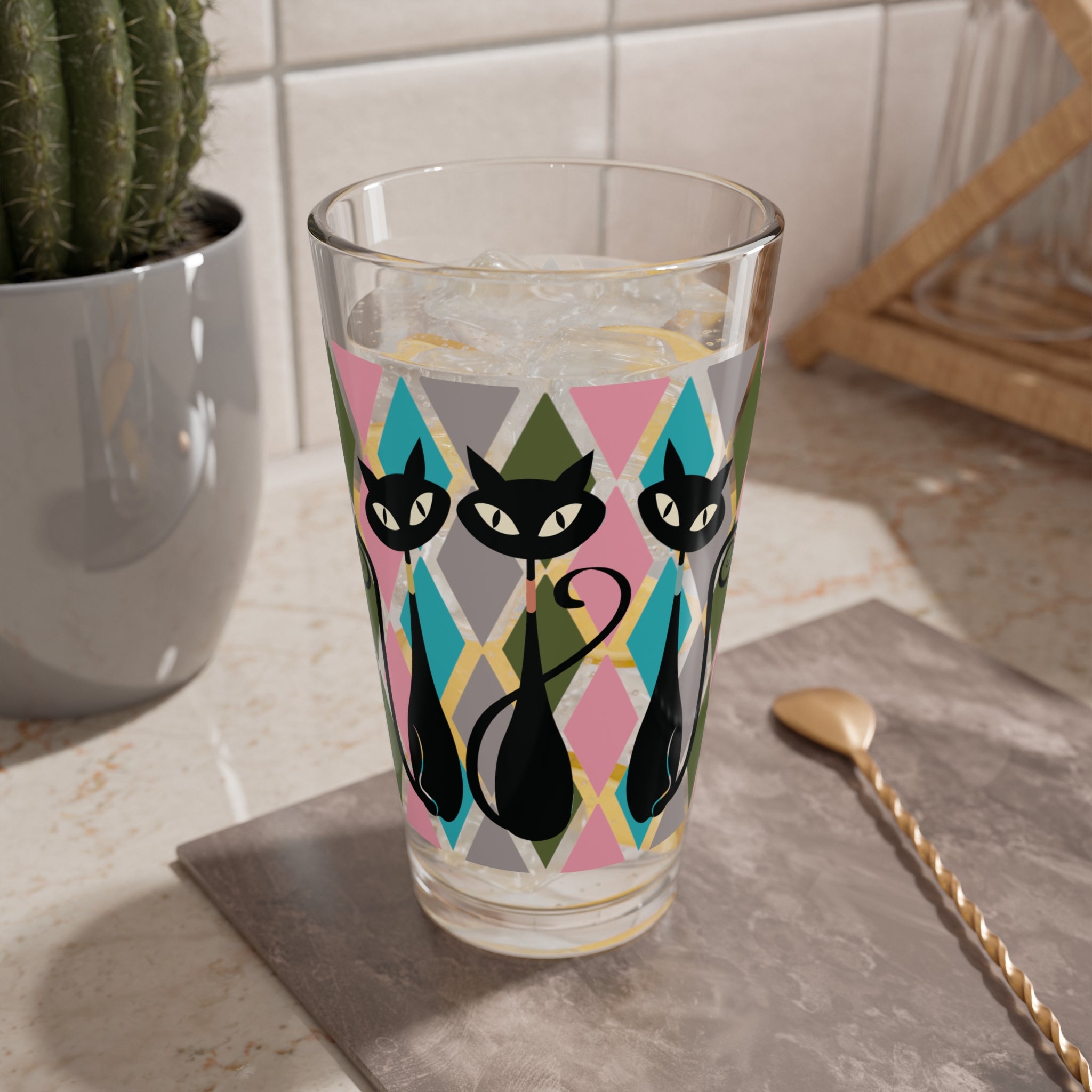 Kate McEnroe New York Atomic Cat Retro 50s Harlequin Diamond Mid Century Modern Pint Glass, Kitsch MCM Barware DrinkwarePint Glasses18324789742626985529