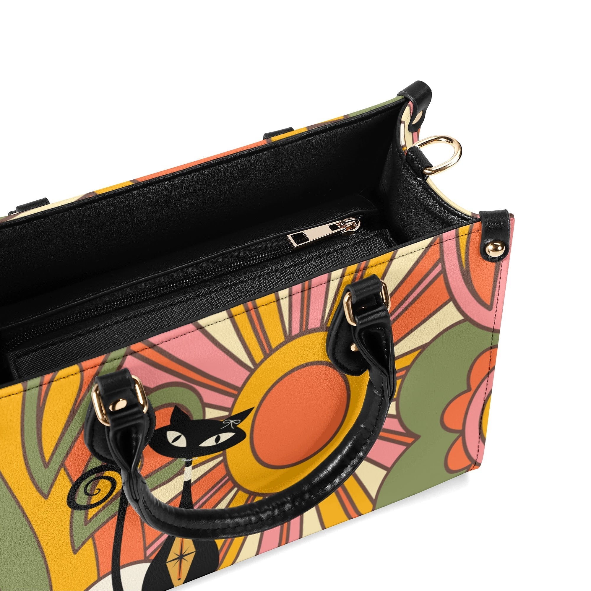 Kate McEnroe New York Atomic Cat Retro 70s Groovy Hippie Satchel, Mid Century Modern Handbag, Vintage Sunburst MCM PurseHandbagsNM66D9EW - 1