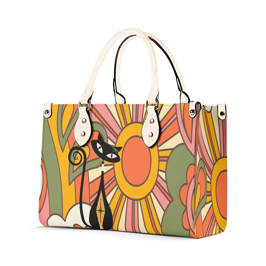 Kate McEnroe New York Atomic Cat Retro 70s Groovy Hippie Satchel, Mid Century Modern Handbag, Vintage Sunburst MCM PurseHandbagsNM66D9EW - 1