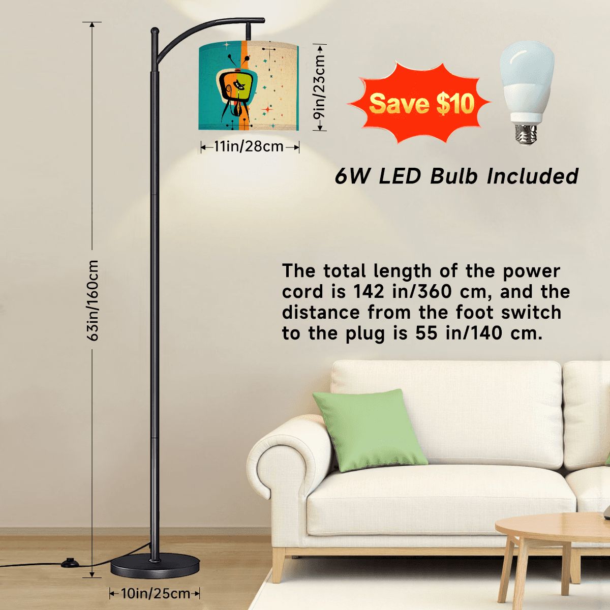 Kate McEnroe New York Atomic Cat Retro Arc Floor Lamp, Mid Century Modern Space Age TV Lounge LightFloor LampsztrZkYVzBW