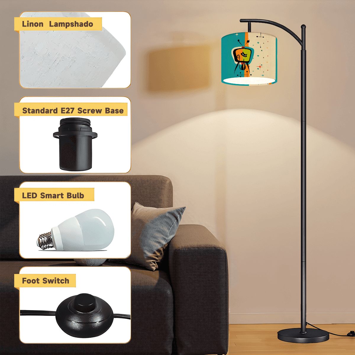 Kate McEnroe New York Atomic Cat Retro Arc Floor Lamp, Mid Century Modern Space Age TV Lounge LightFloor LampsztrZkYVzBW