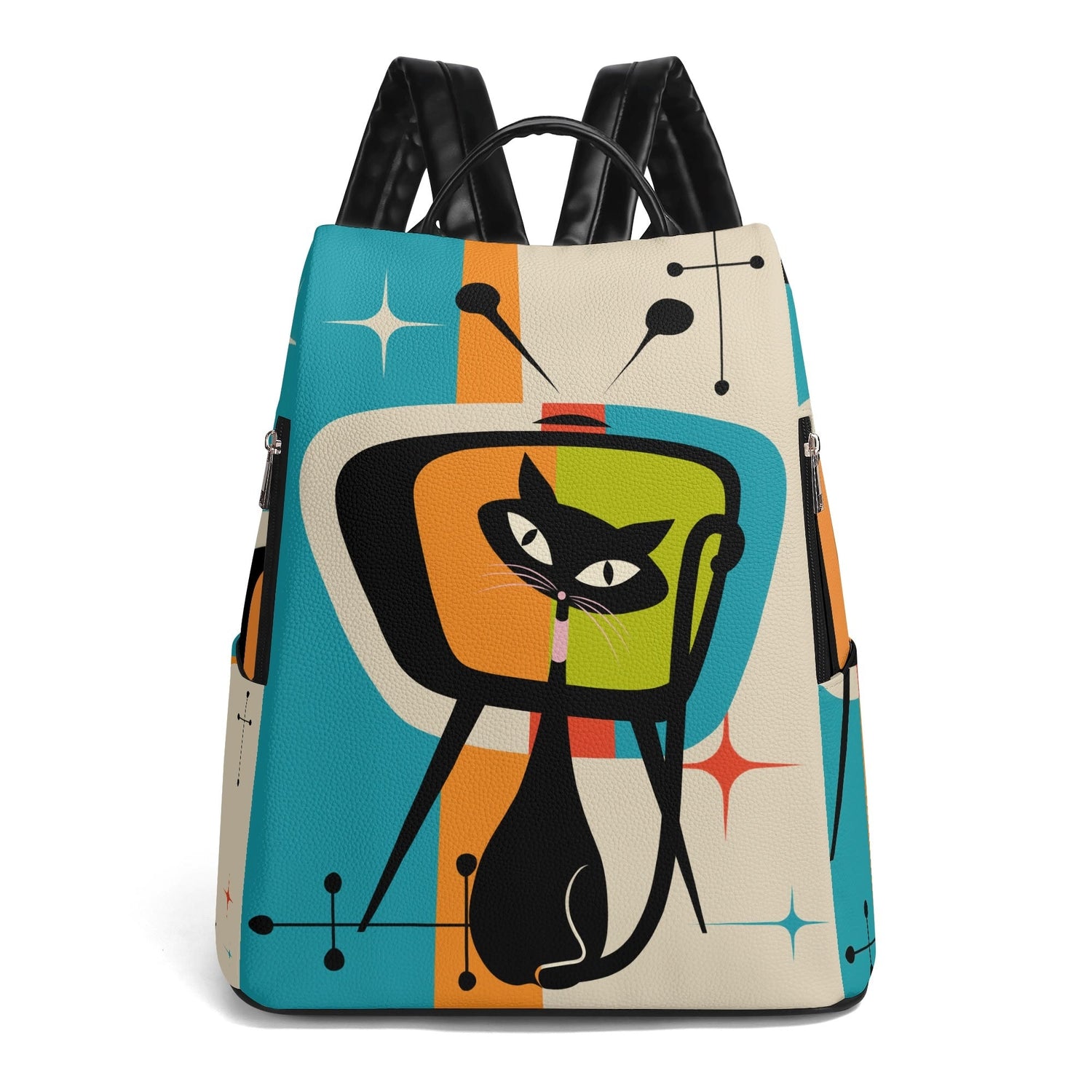 Kate McEnroe New York Atomic Cat Retro Backpack, Mid Century Modern Travel Bag, MCM Kitsch TV Design CarryallBackpacksNGZQLKPW - 1