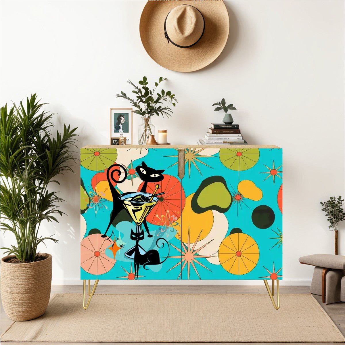 Kate McEnroe New York Atomic Cat Retro Bar Cabinet, Mid Century Modern Martini Lounge Storage, MCM Cocktail Starburst FurnitureStorage CabinetszpozX51AWF
