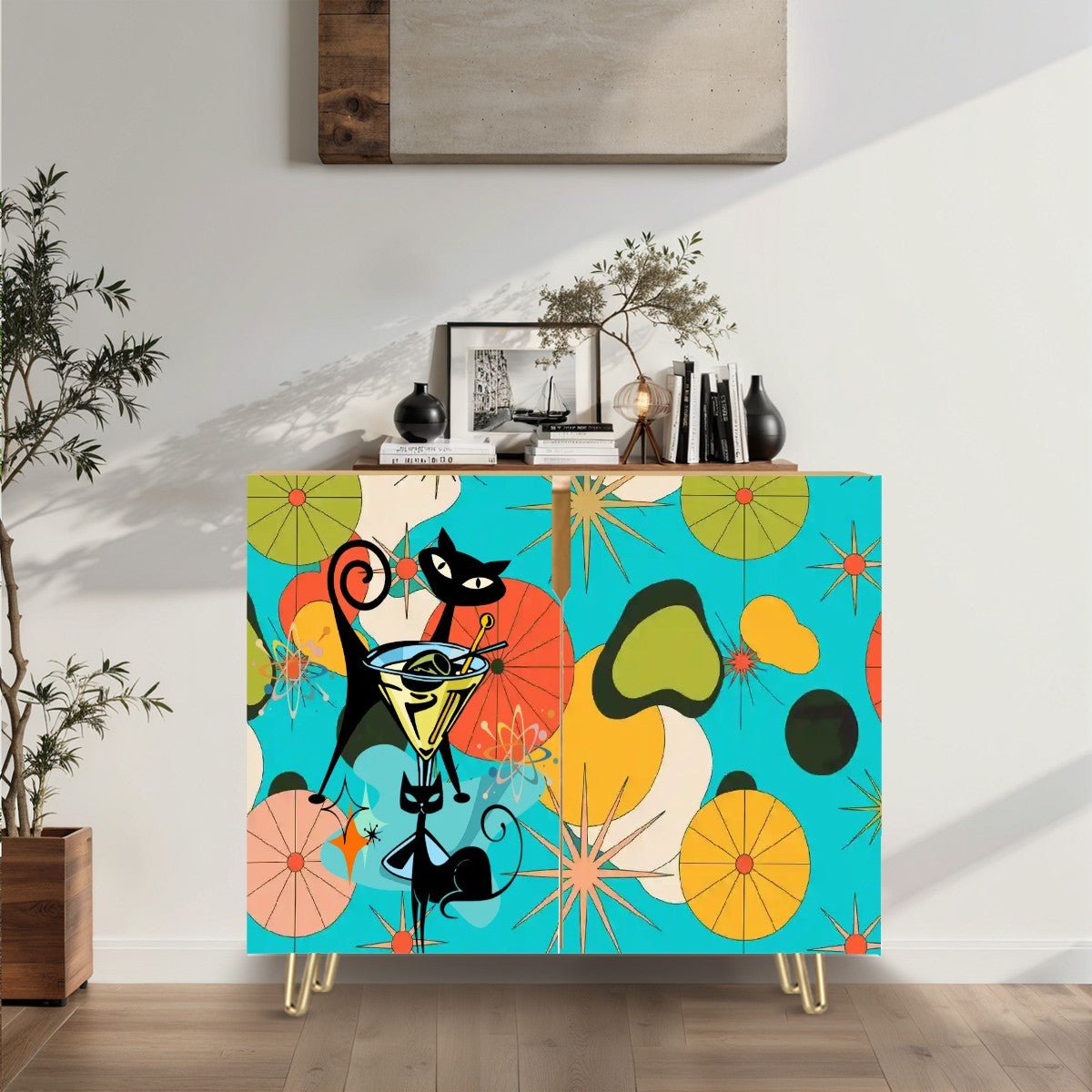 Kate McEnroe New York Atomic Cat Retro Bar Cabinet, Mid Century Modern Martini Lounge Storage, MCM Cocktail Starburst FurnitureStorage CabinetszpozX51AWF