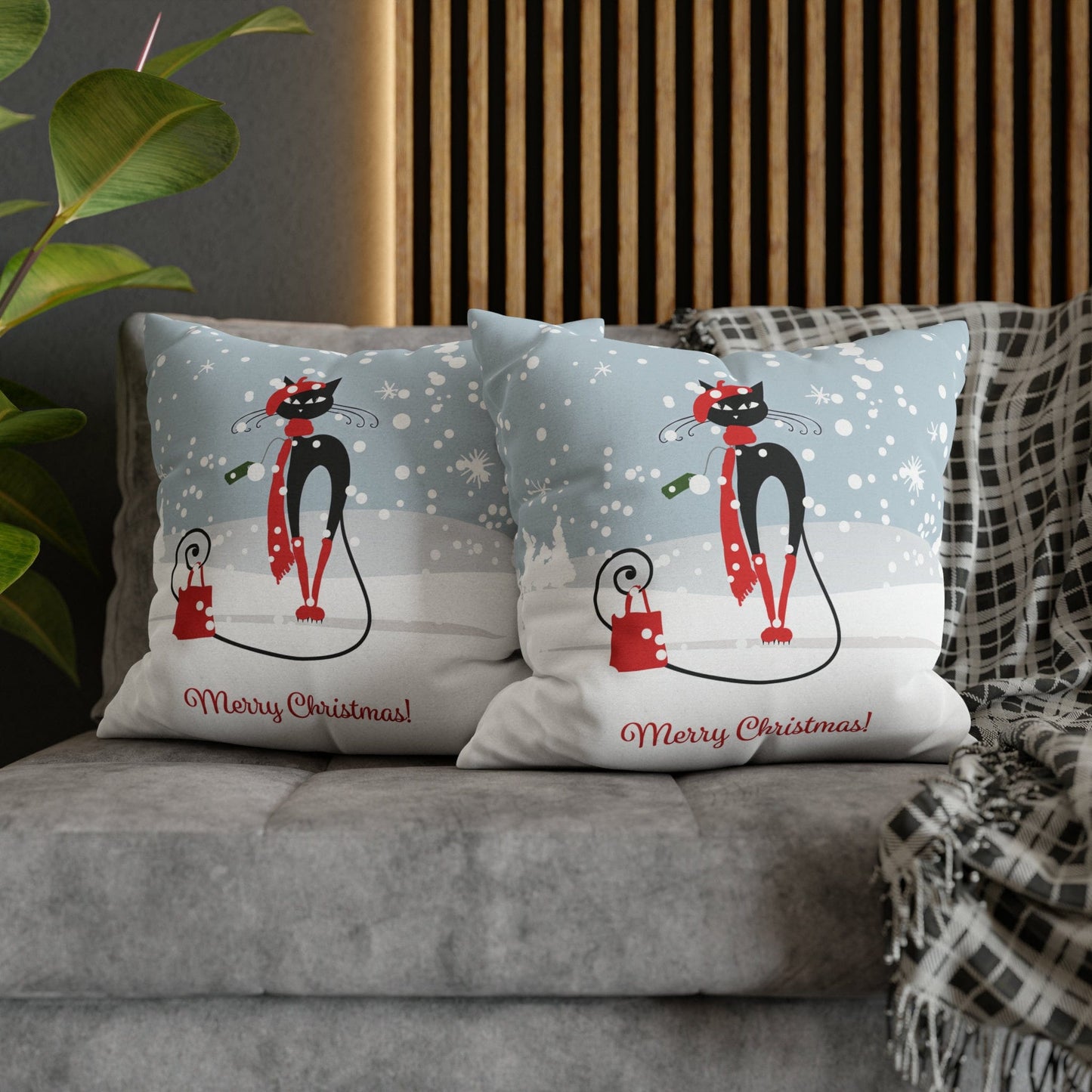 Kate McEnroe New York Atomic Cat Retro Christmas Pillow Cover, Mid Century Modern Snowy Christmas Yellow Cushion Covers, MCM Holiday Pillow Case Throw Pillow Covers